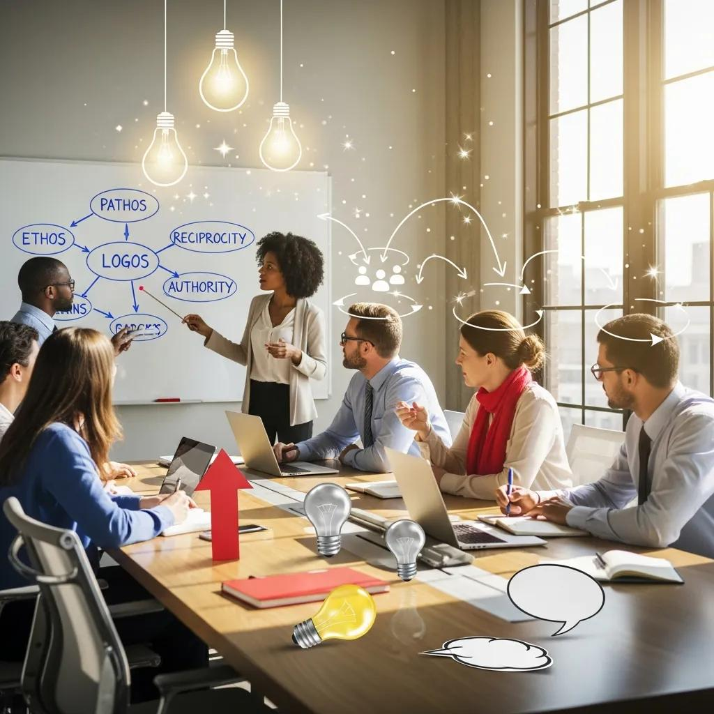 Group discussion on persuasion techniques in a modern workspace