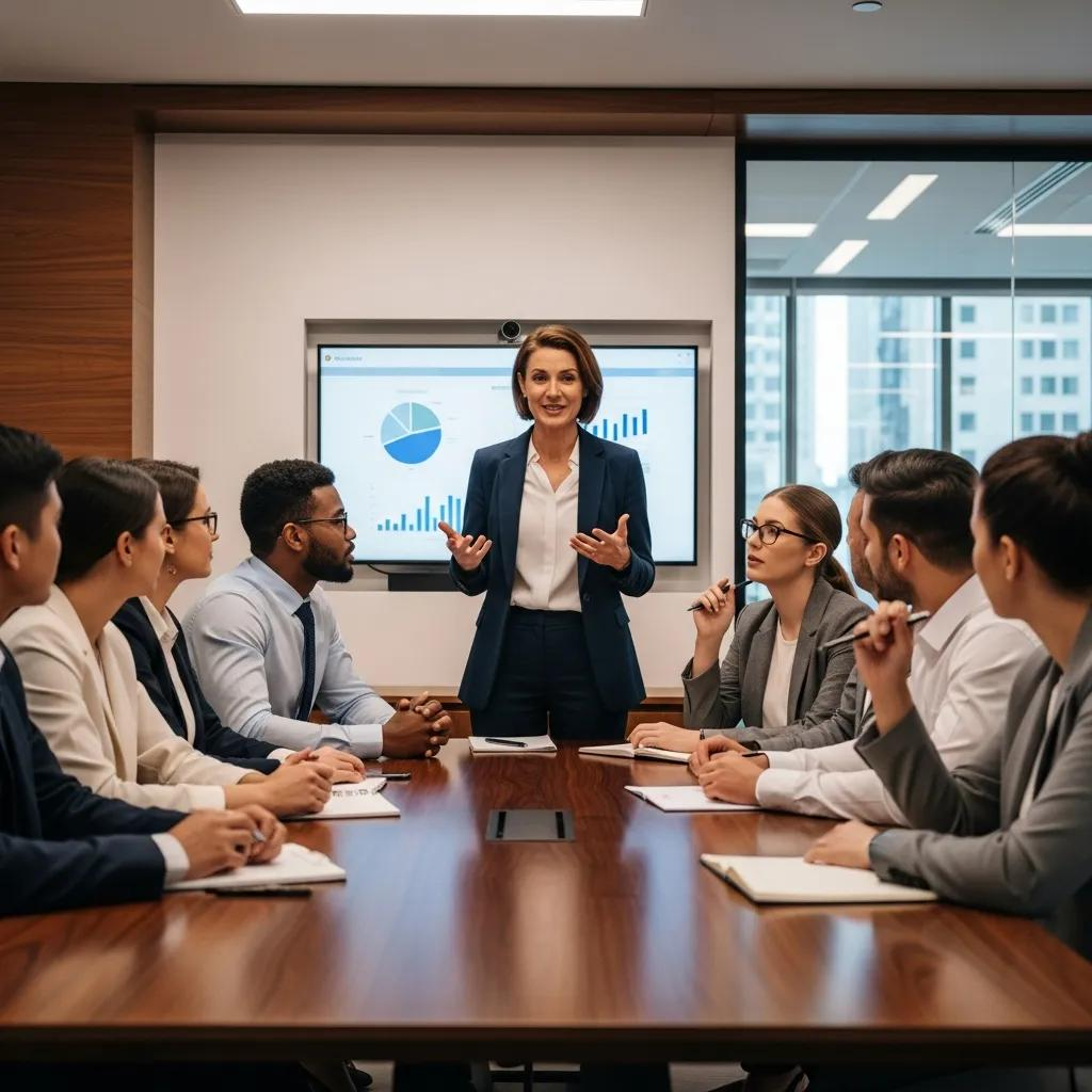 Group of professionals engaged in effective communication, highlighting leadership and influence